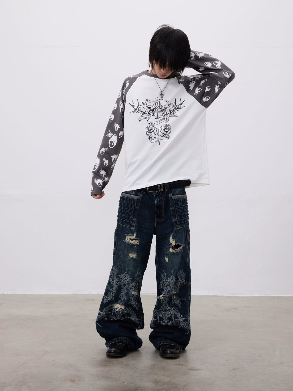CHAI Music Note Avatar Printing Contrasting Colors Loose Long Sleeves