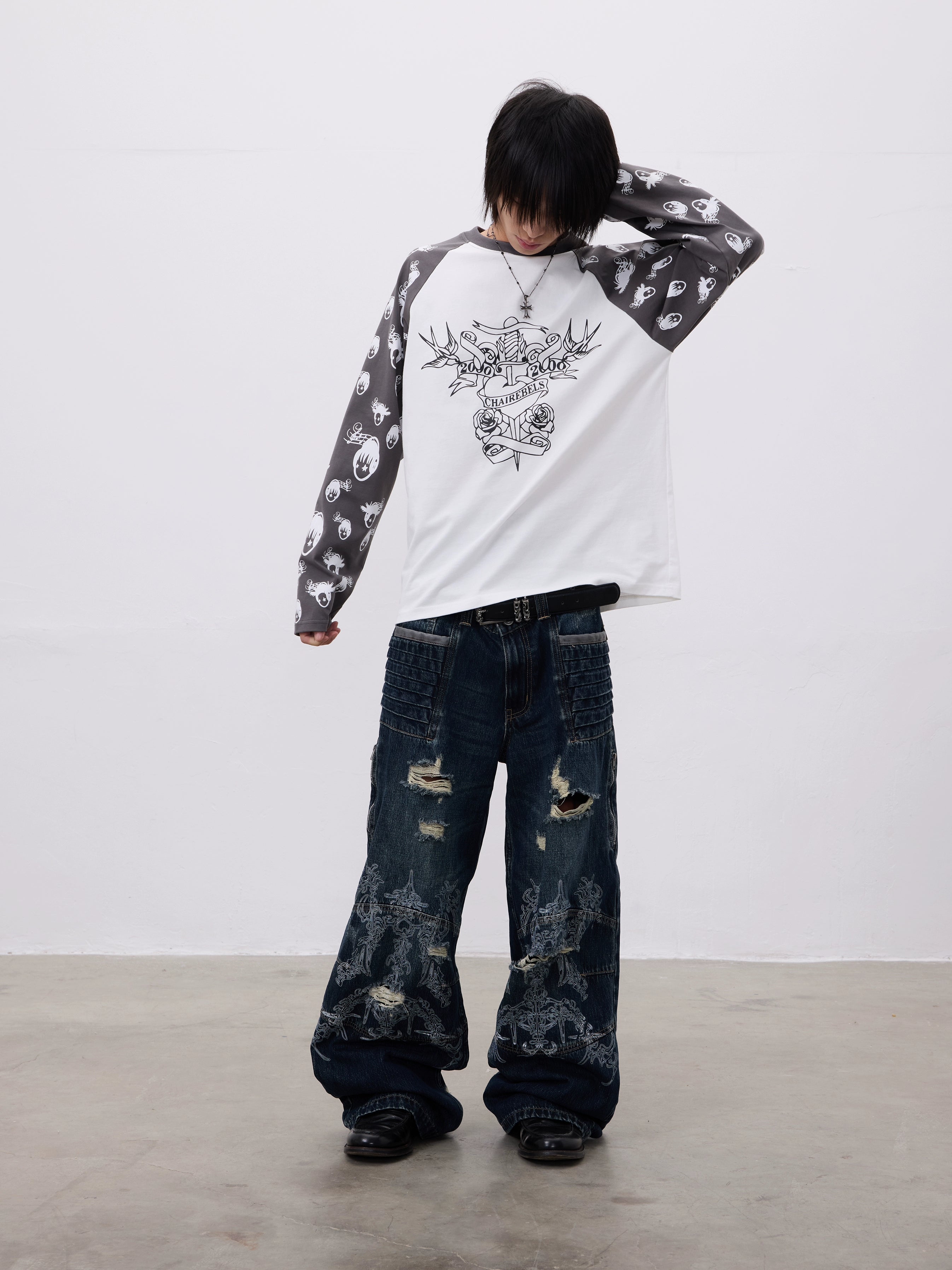 CHAI Music Note Avatar Printing Contrasting Colors Loose Long Sleeves