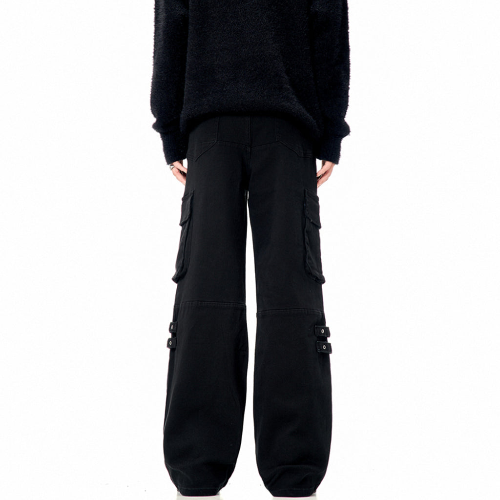 11KN black straight strap loose wide-leg pants