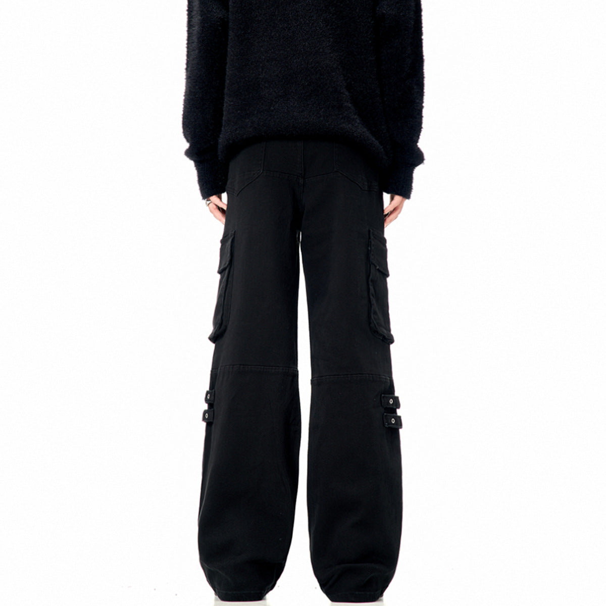 11KN black straight strap loose wide-leg pants