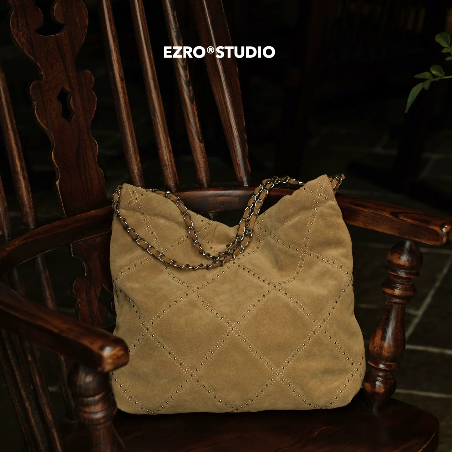 EZRO Rivet Matte Suede Shoulder Tote Bag