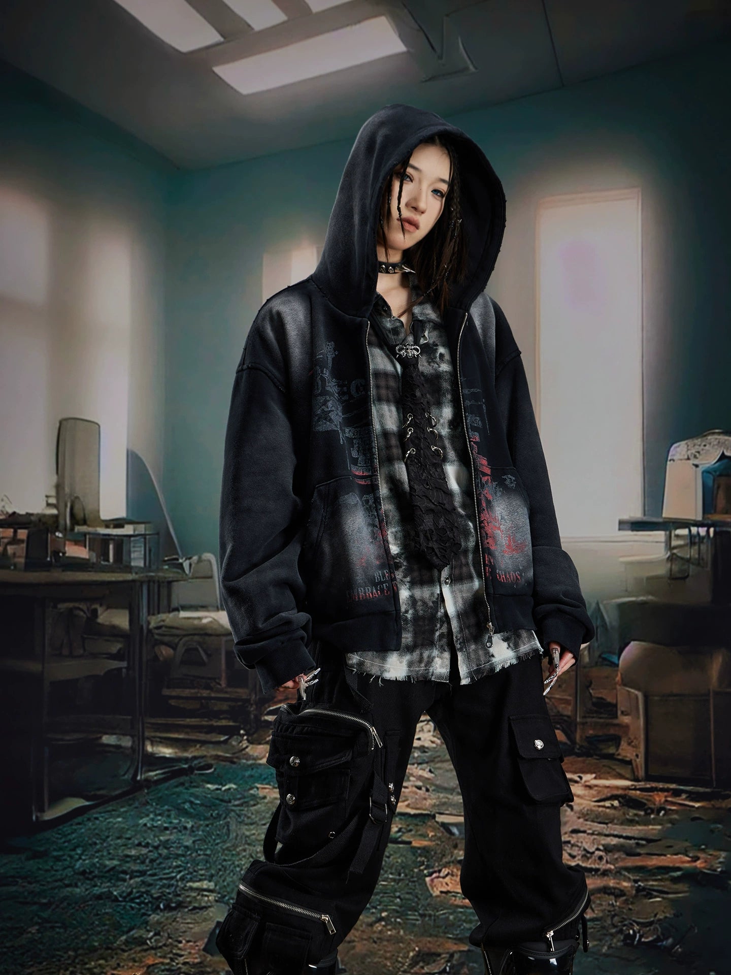 NOMANIAI Old Double-sided Printed Zipper Sweater Jacket