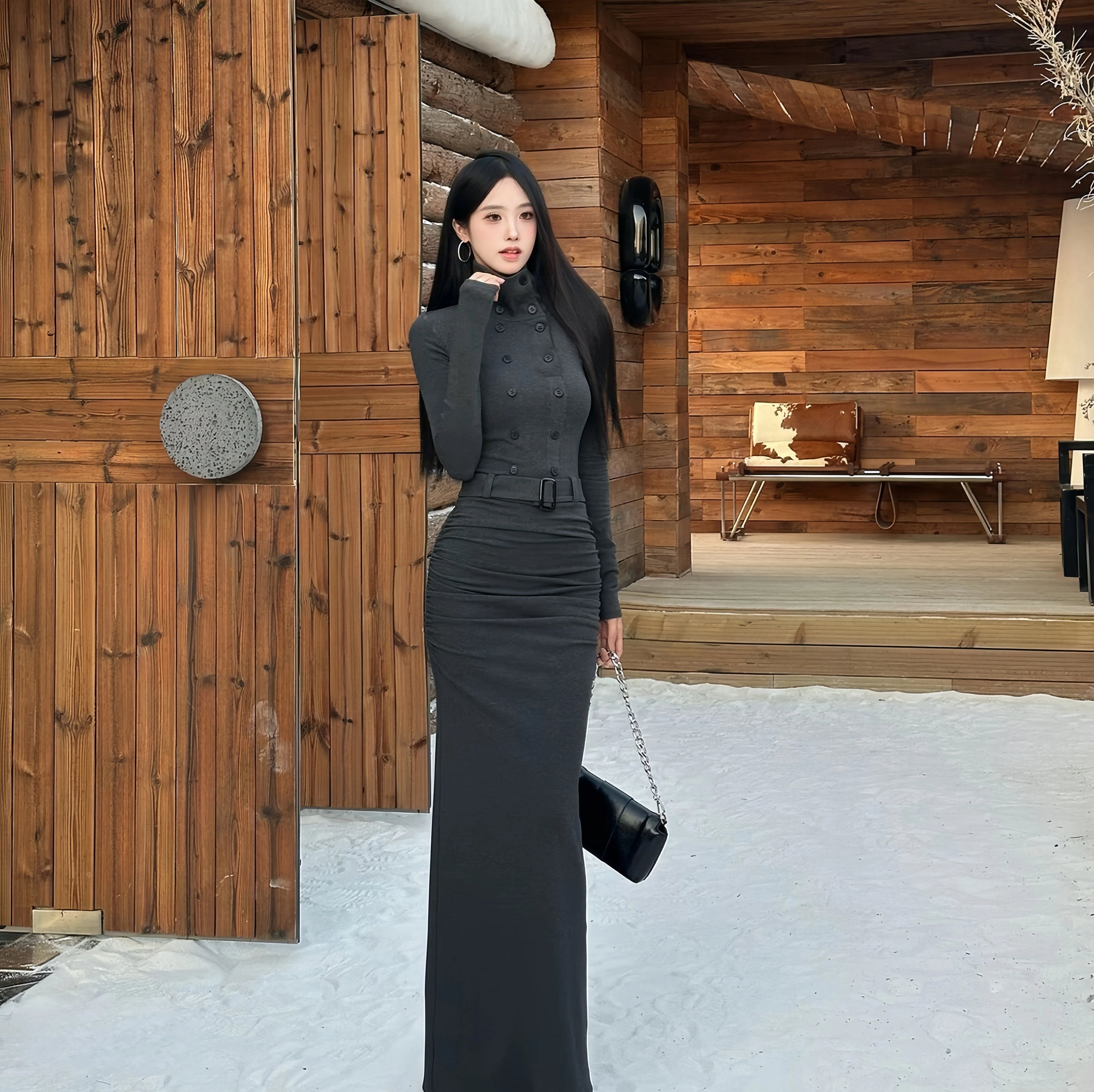 Instunning Turtleneck Long-sleeved Breasted Belt Temperament Dress