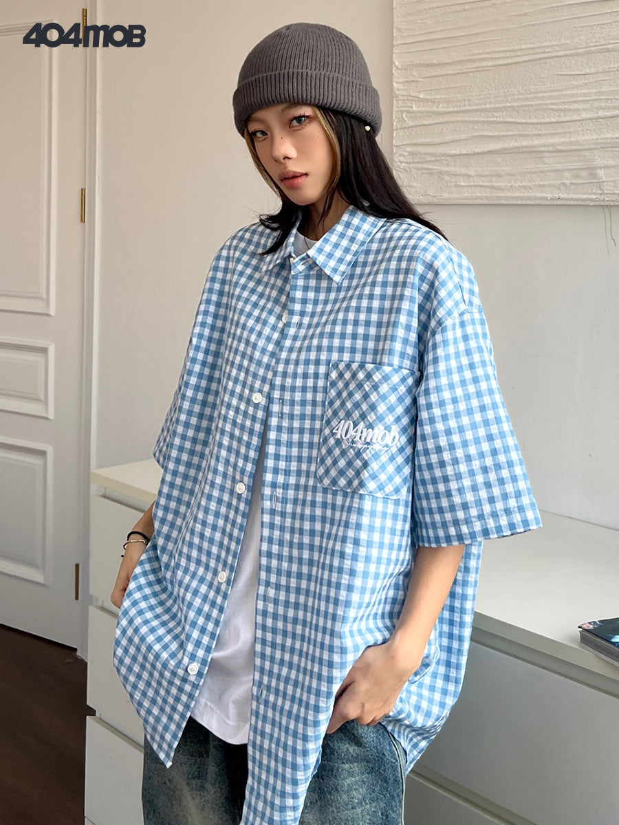 404MOB Lazy College Style Embroidered Short Sleeve Shirt