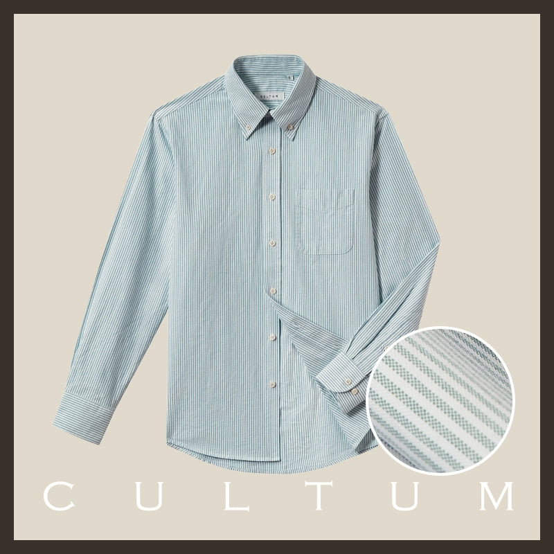 CULTUM Washed Oxford Spun Button-Neck Striped Shirt