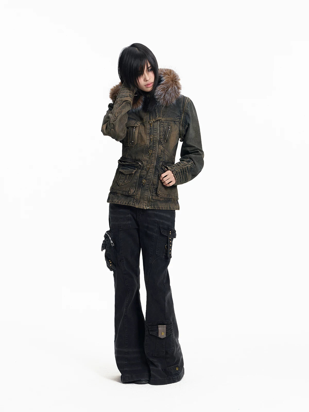 Lightinus Removable Sleeve Fur Collar Two Wear Strap Waist Denim Jacket