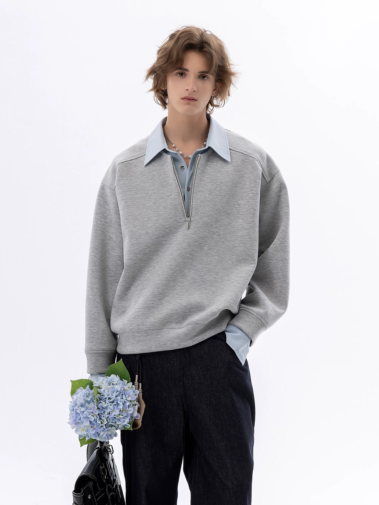 CHOR Fake Two-piece Color-matching Zipper Lapel Pullover Sweater