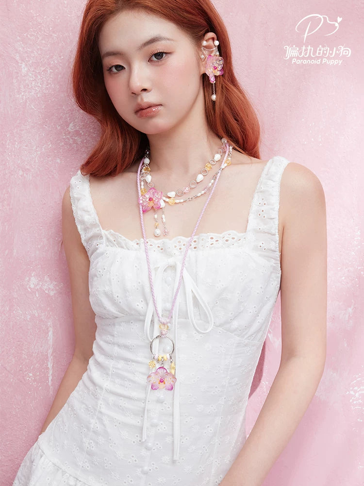 PP Phalaenopsis Flower Pearl Fringed Double Necklace