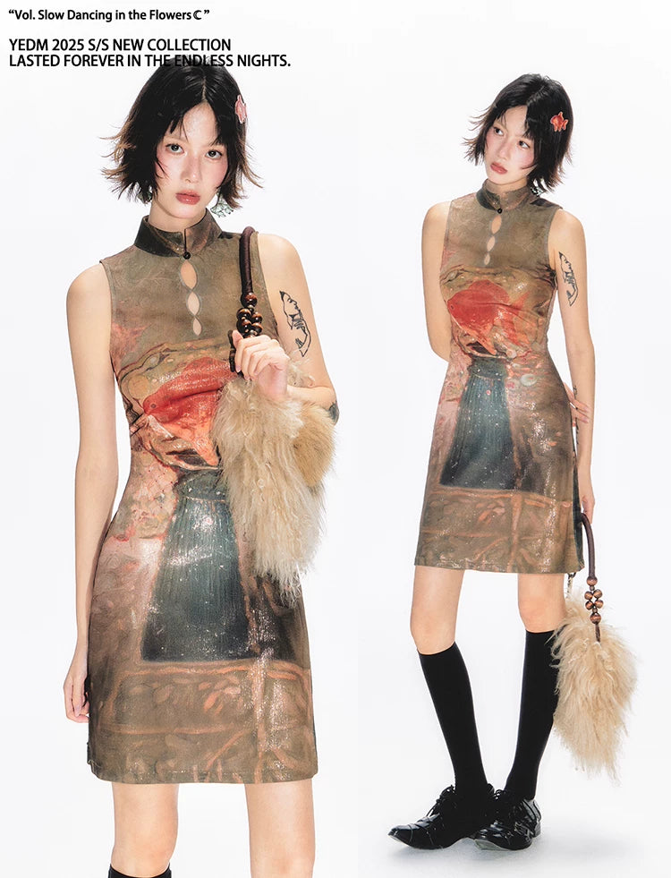 YEDM Goldfish Print Long Cheongsam Dress