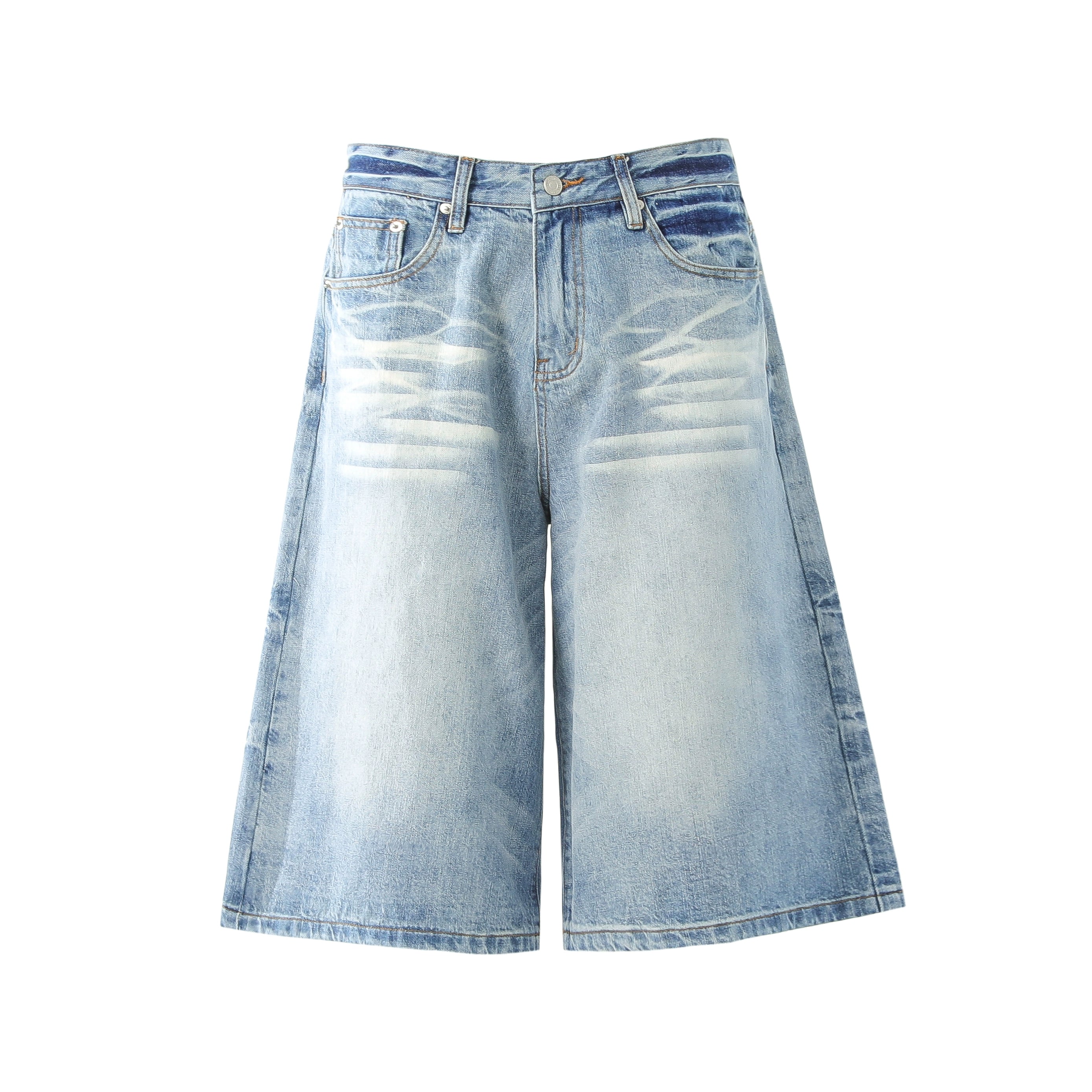 BTSG washed cat beard loose wide-leg denim shorts