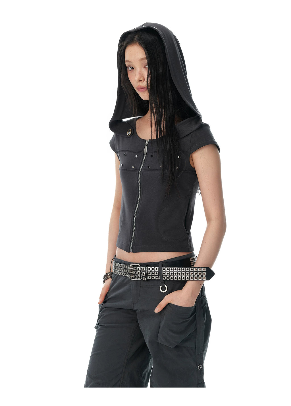 JIKOO Hand Sewn Rivet Removable Oblique Hooded Tee