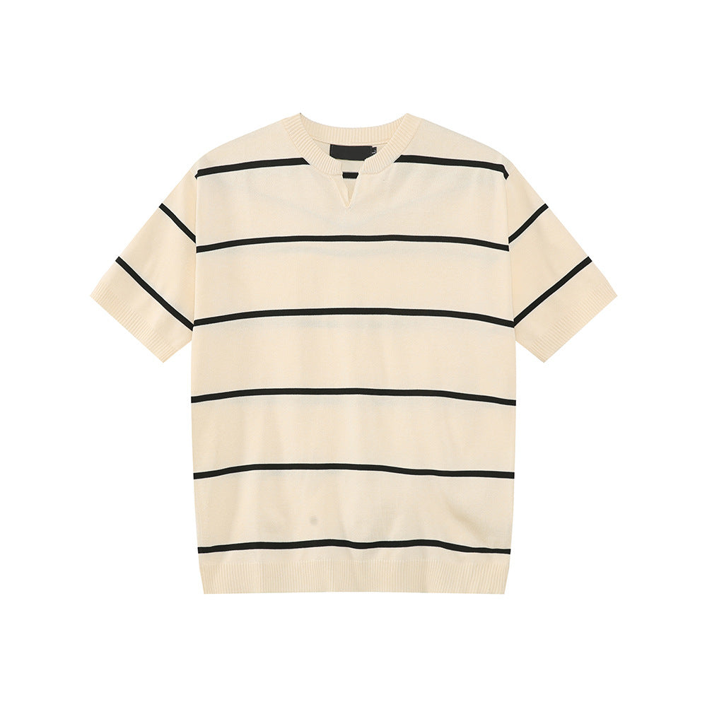 MTLCLOTHES Vintage V-neck Contrasting Striped Knitted Tee