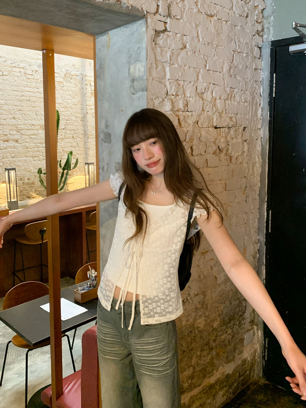 KANO Ruffle Lace Bubble Sleeve Blouse Set
