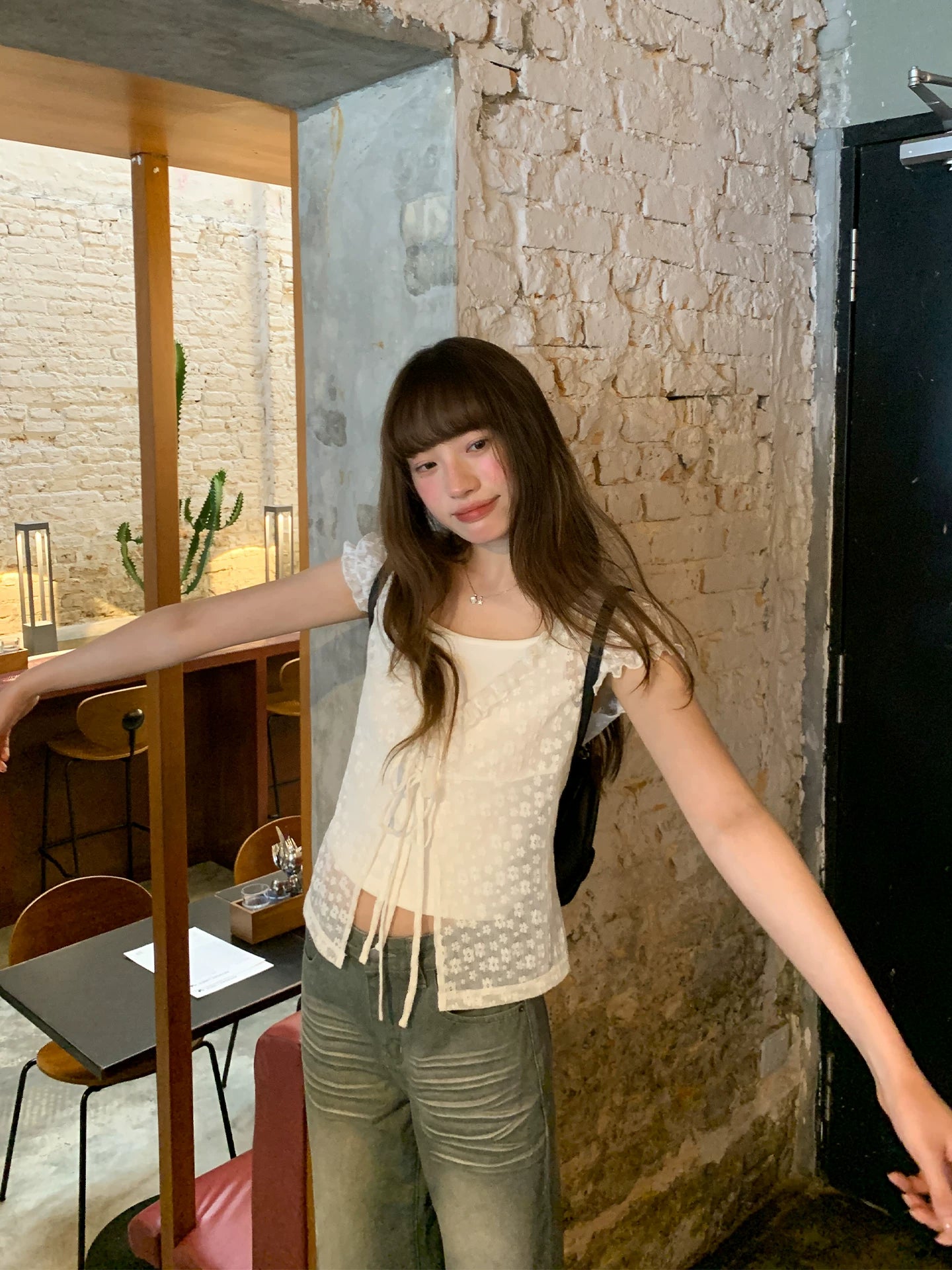 KANO Ruffle Lace Bubble Sleeve Blouse Set