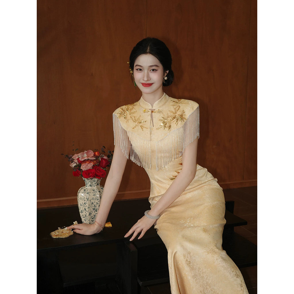 ZIHE Bead Embroidered Tassel Cloud Shoulder Dress