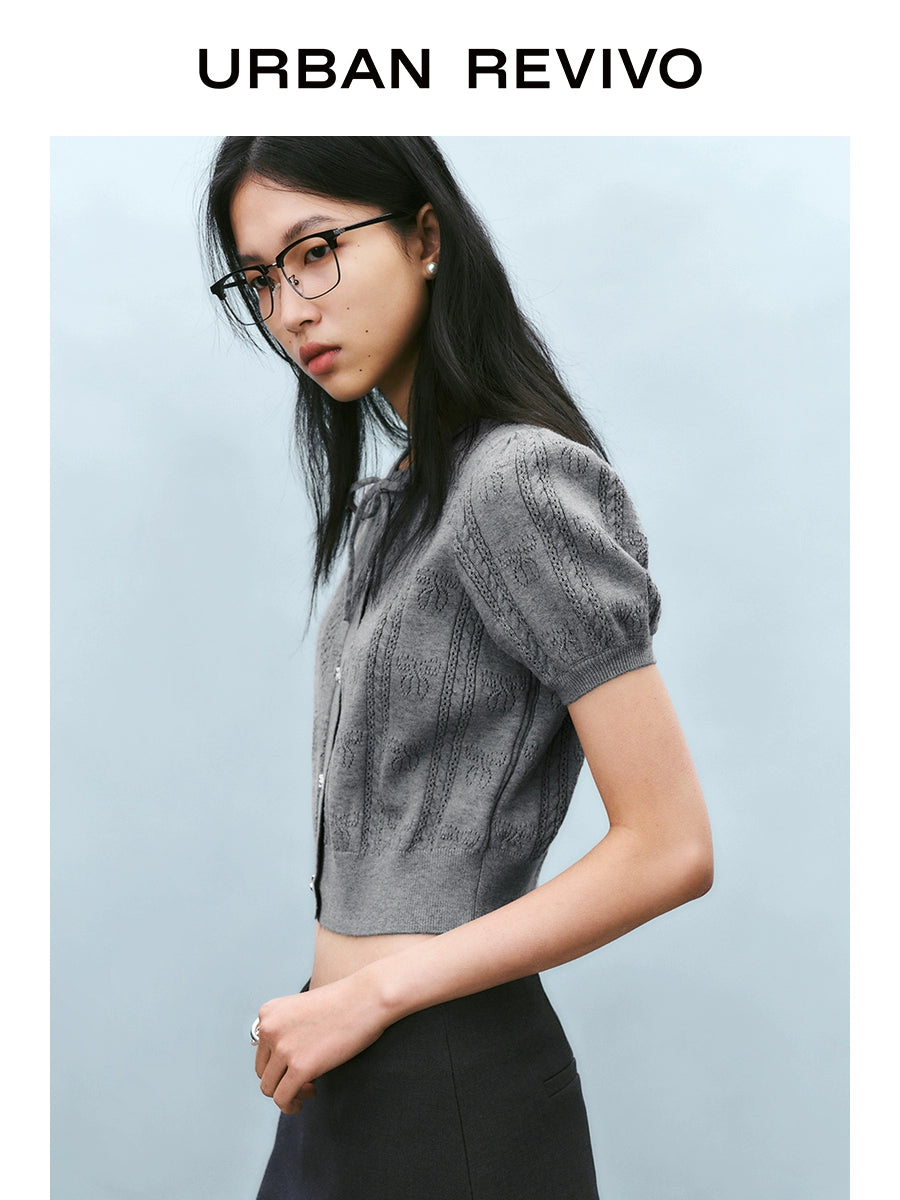 URBAN REVIVO Bow Texture Lace-up Short-sleeved Knitted Sweater