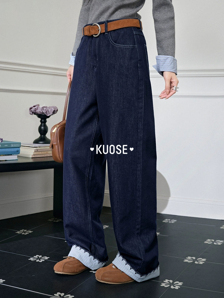 Kuose Striped Lace Casual Straight Jeans