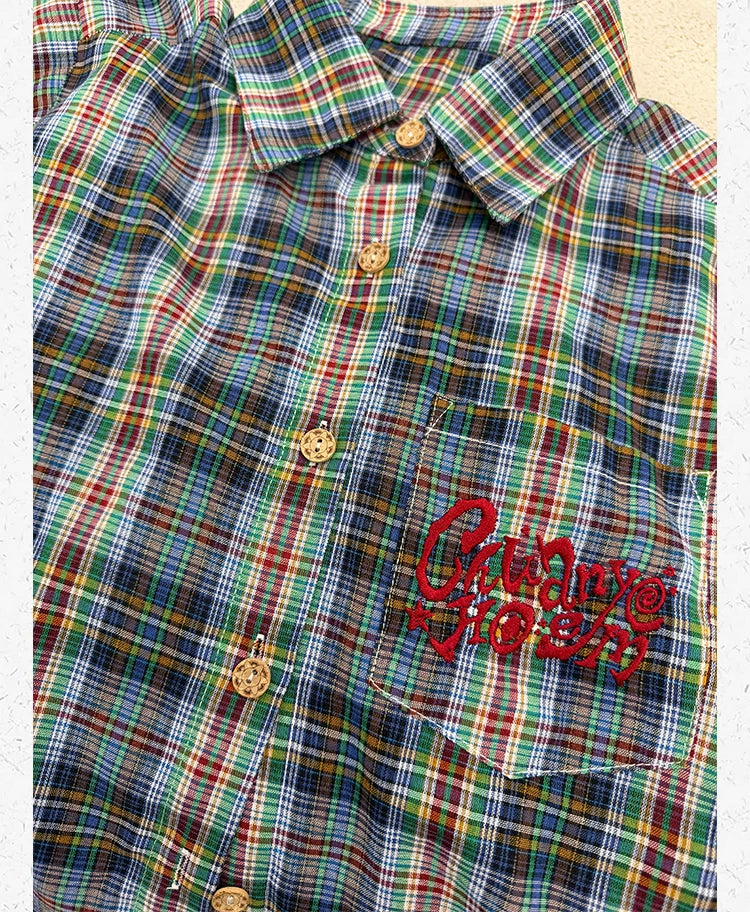 CCYE Embroidered Front Shoulder Loose Plaid Short-sleeved Shirt
