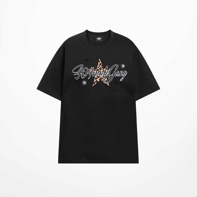 404MOB Leopard Print Star Hot Diamond Embroidery Tee