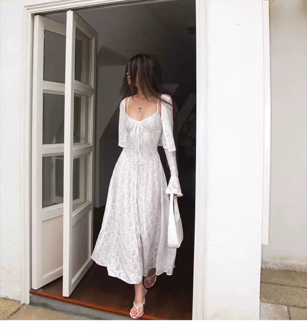 Audwyn Retro Pattern Cardigan Lace Waist Slim Dress Set