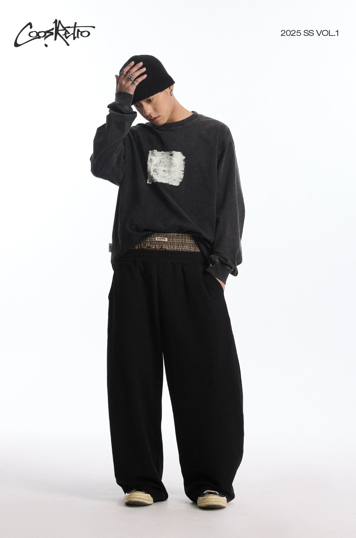 CoosRetro Double Waist Fake Two-Piece Plaid Scimitar Sweatpants