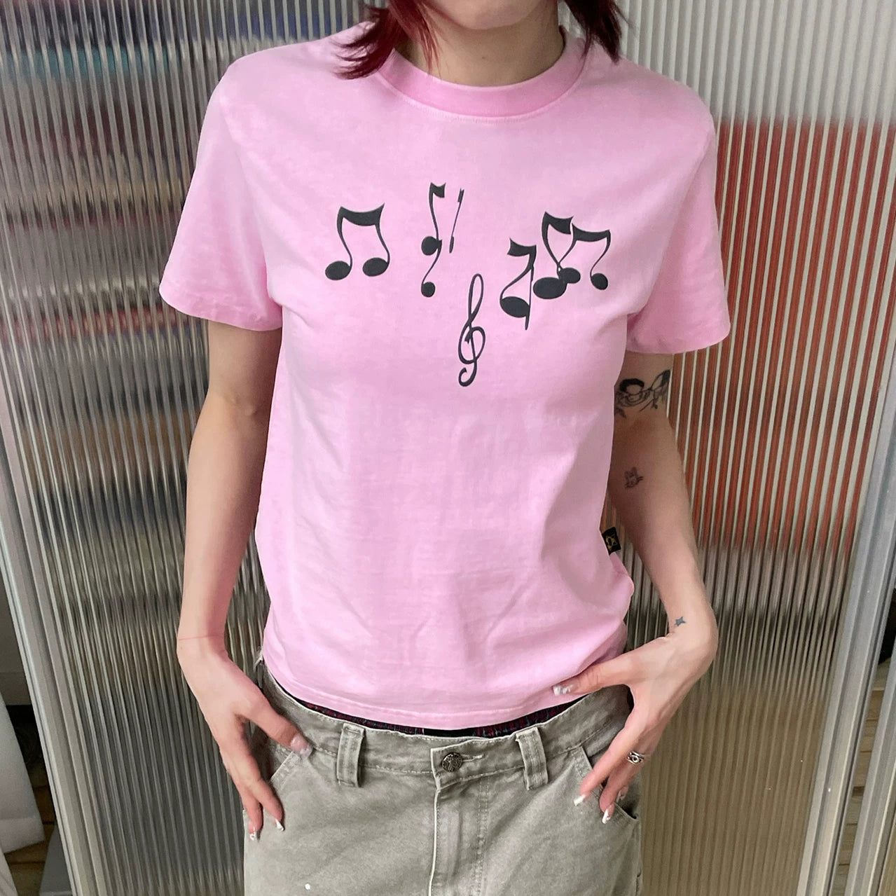 MMBBT Music Note Print Short Round Neck Front Shoulder Tee