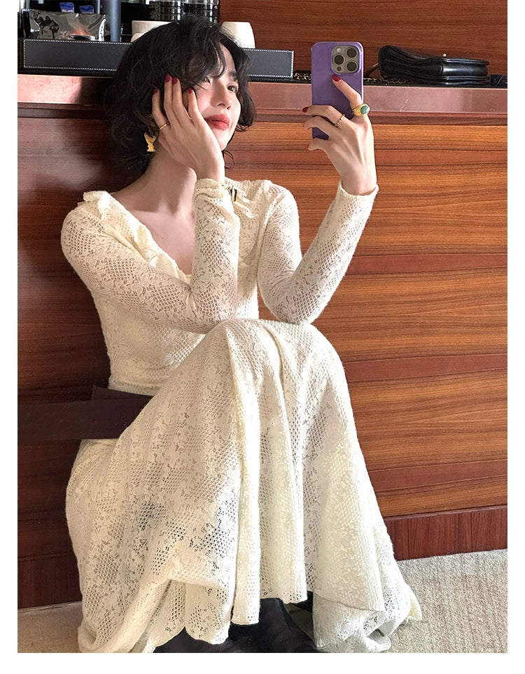 KELIFAN Vintage V-neck Lace Top Skirt Set