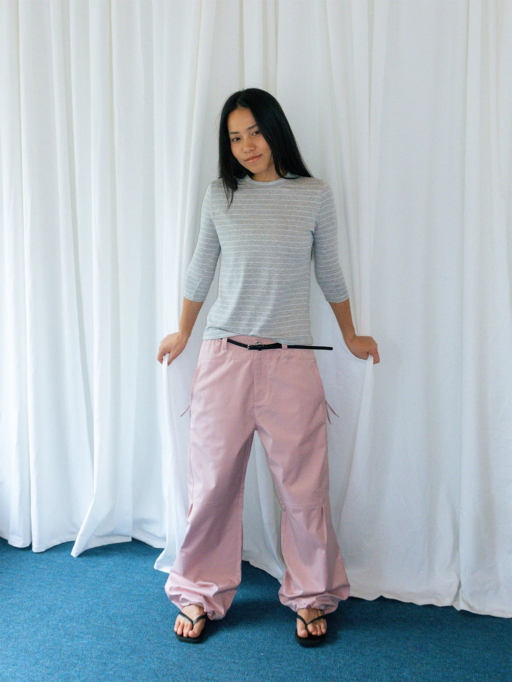 FUNKYFUN Stretch Pinstriped Front Shoulder Tee