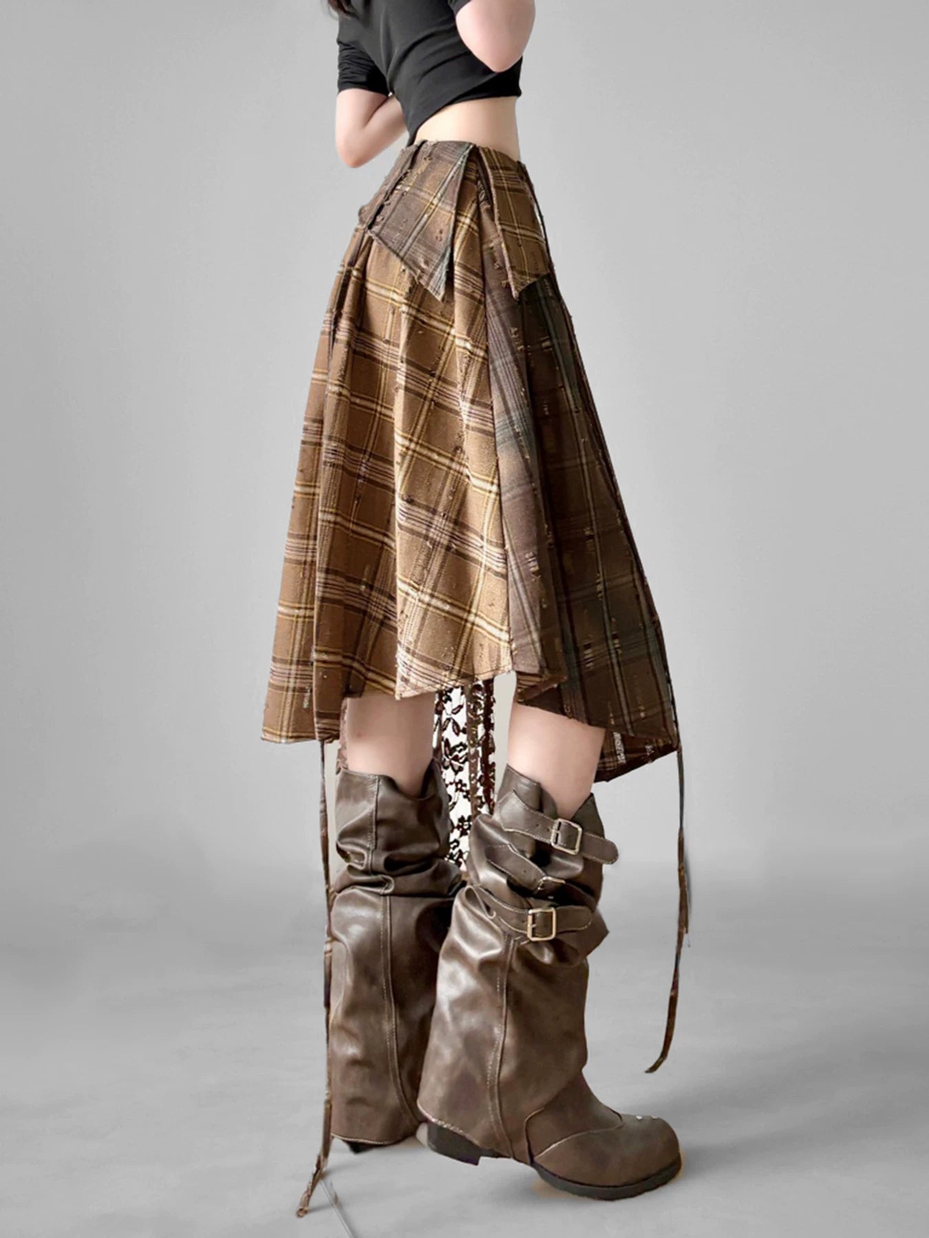FUNOFF Vintage Irregular Lace Ribbon Checkered Skirt