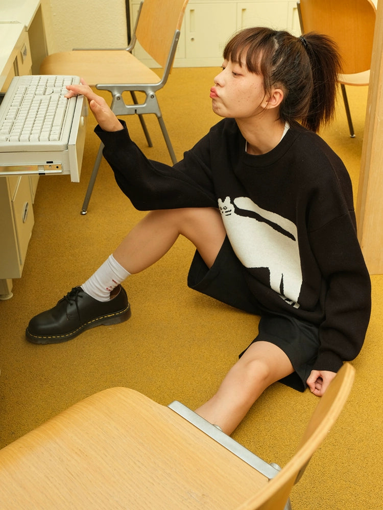 MoodLikeMe Cat Contrast Loose Knitted Sweater