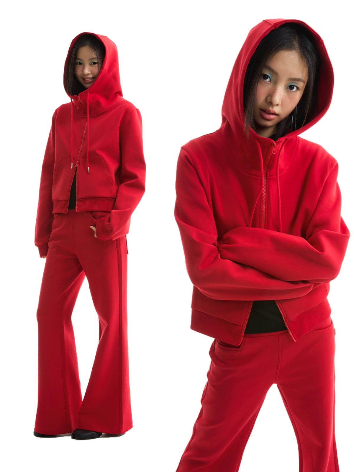 FUNKYFUN Double Zipper Stand-up Neck Hooded Short Cardigan
