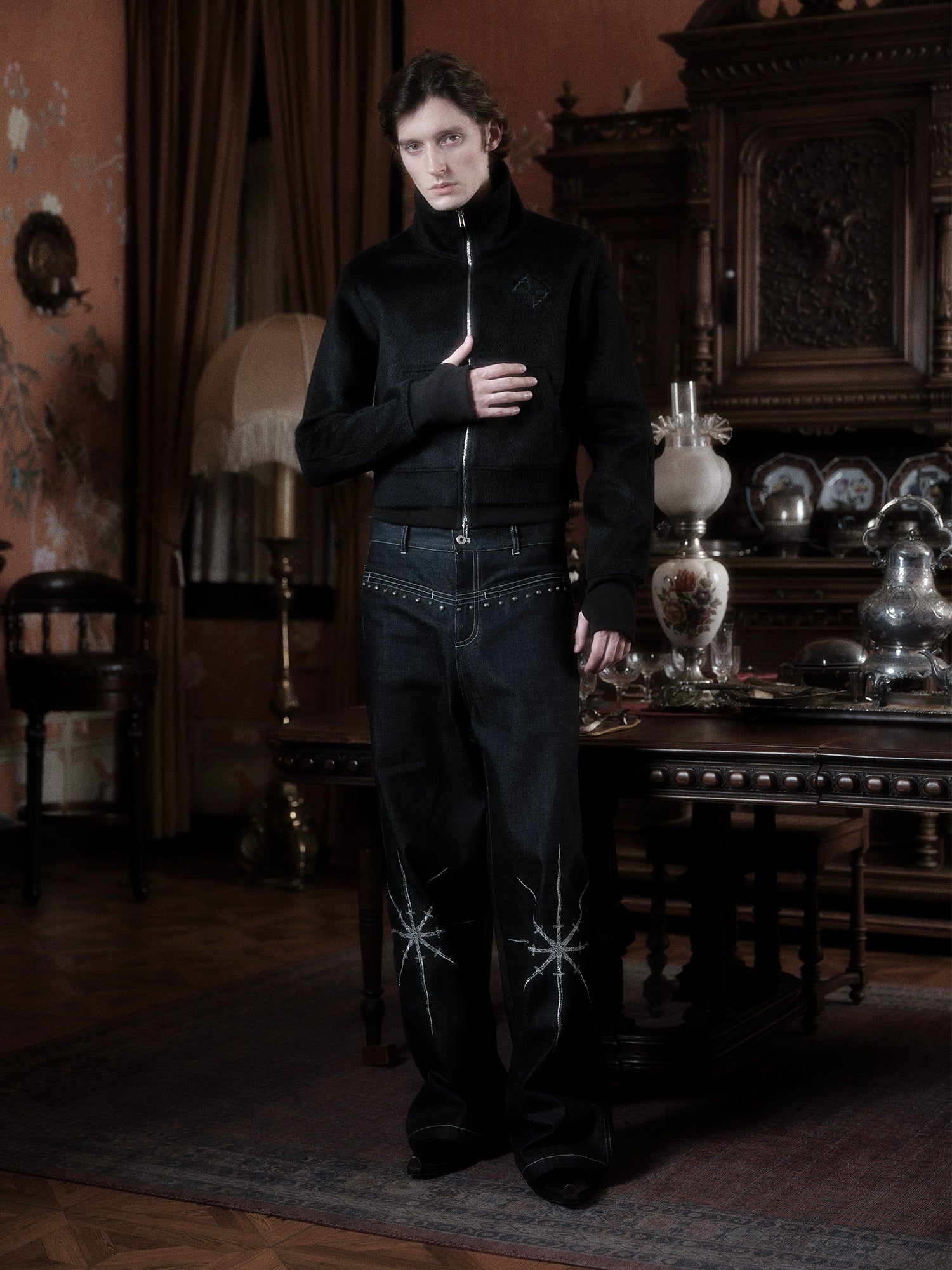 WANNA LAB Stand-up Collar Embroidered Woolen Short Plush Zip Jacket