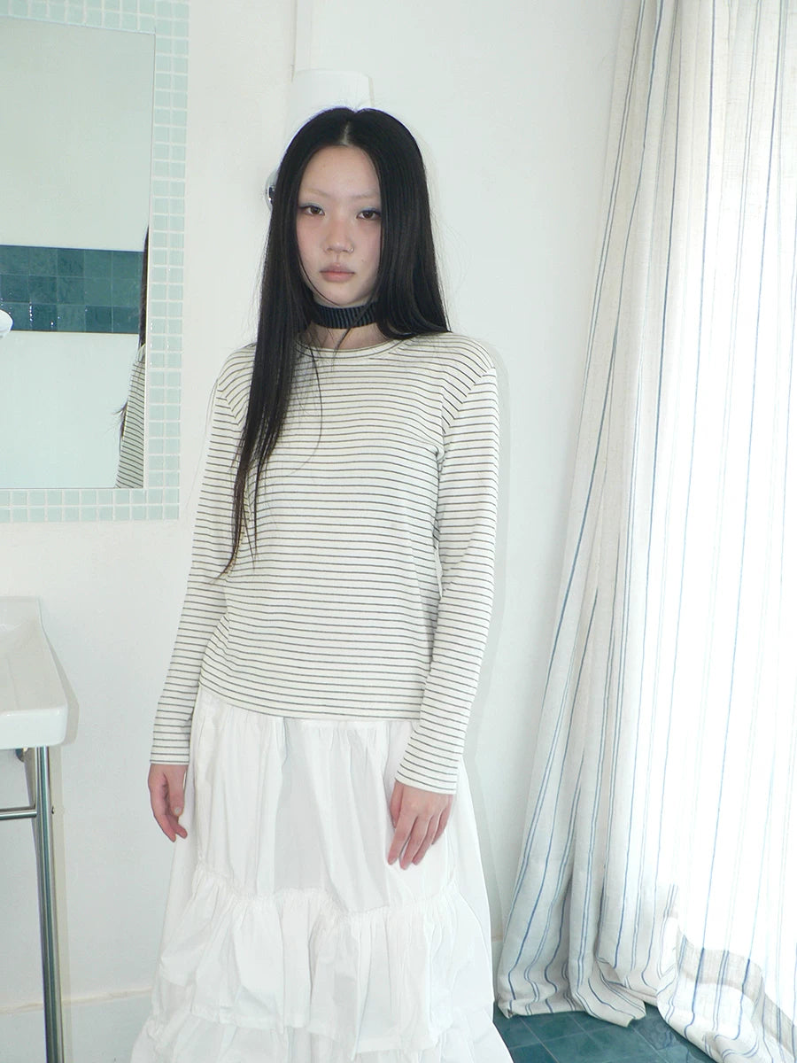 Ang:project Simple Casual Contrast Striped Crew Neck Long Sleeves