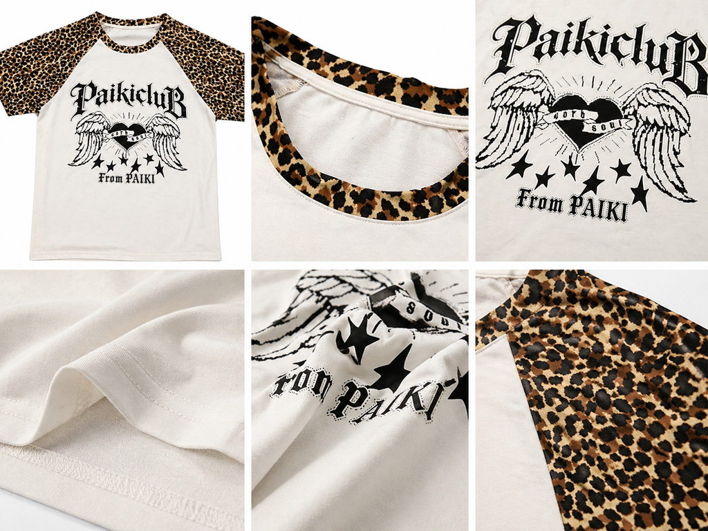 PAIKI Leopard Rough Sleeves Crew Neck Front Shoulder Tee