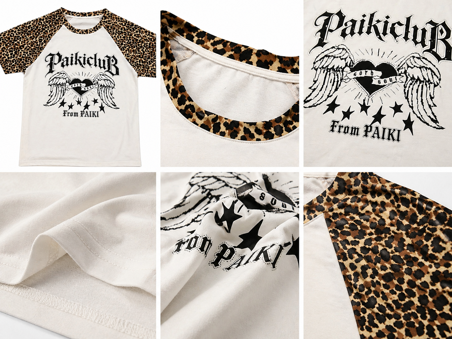 PAIKI Leopard Rough Sleeves Crew Neck Front Shoulder Tee