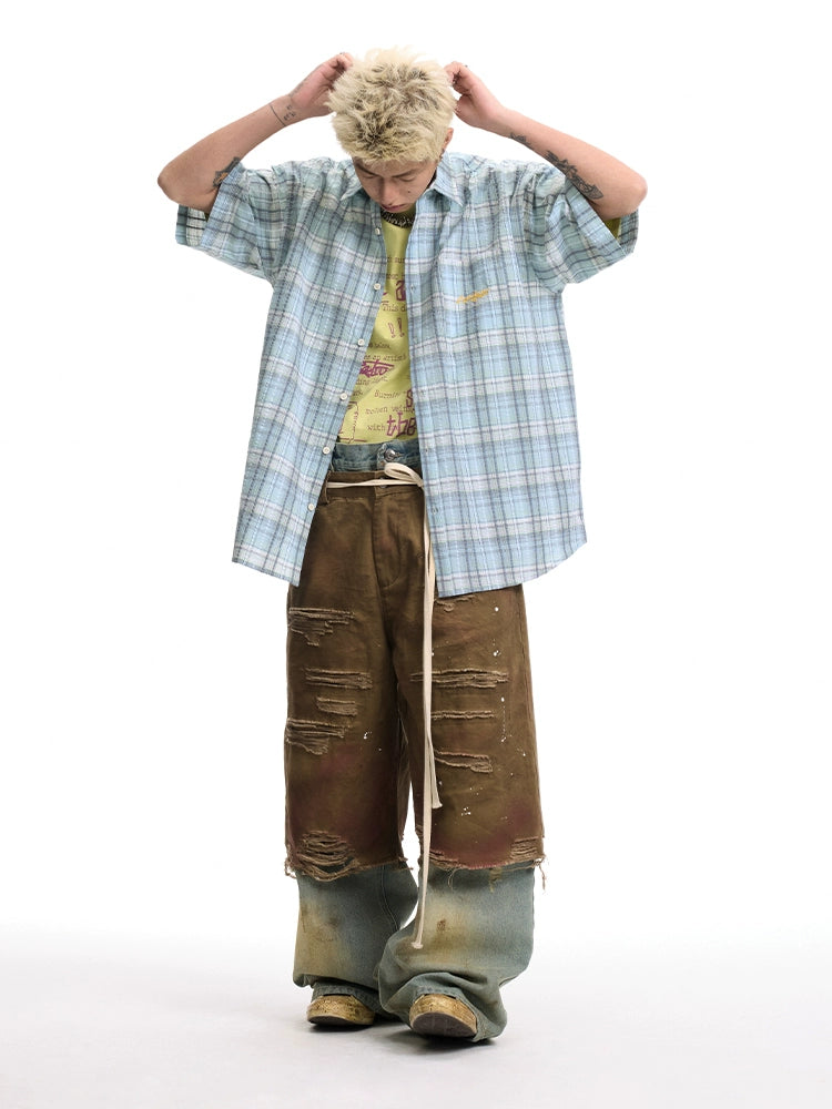 CoosRetro Embroidered Plaid Short Sleeve Shirt