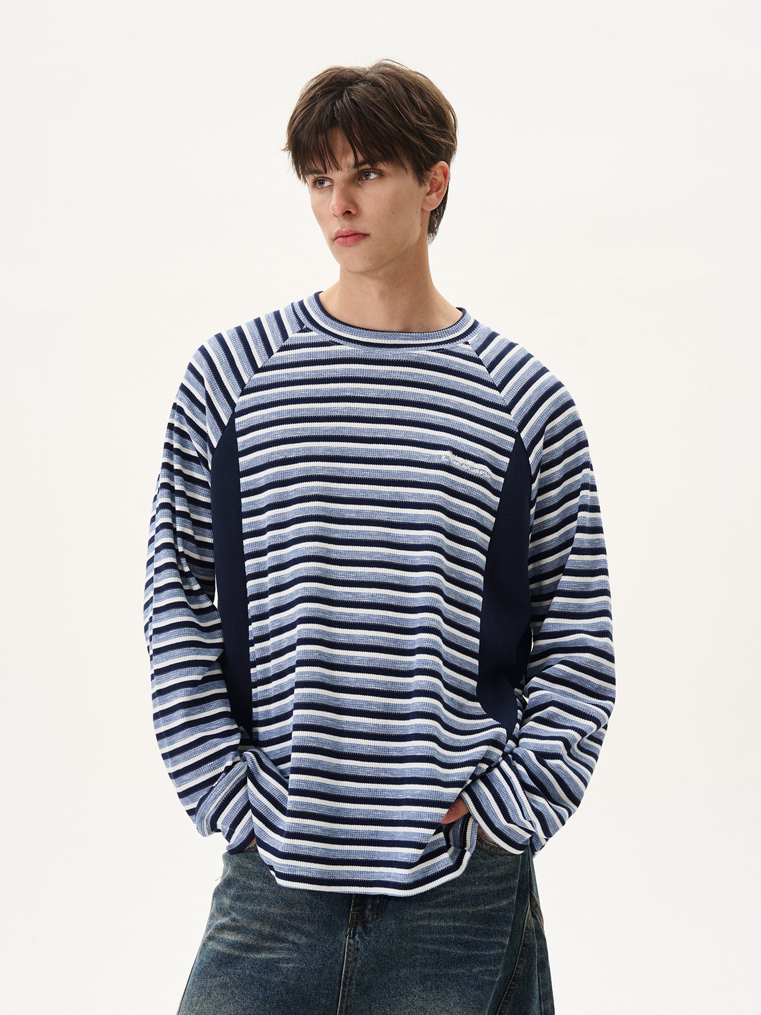 BTSG splicing striped texture waffle crew neck long-sleeved Tee