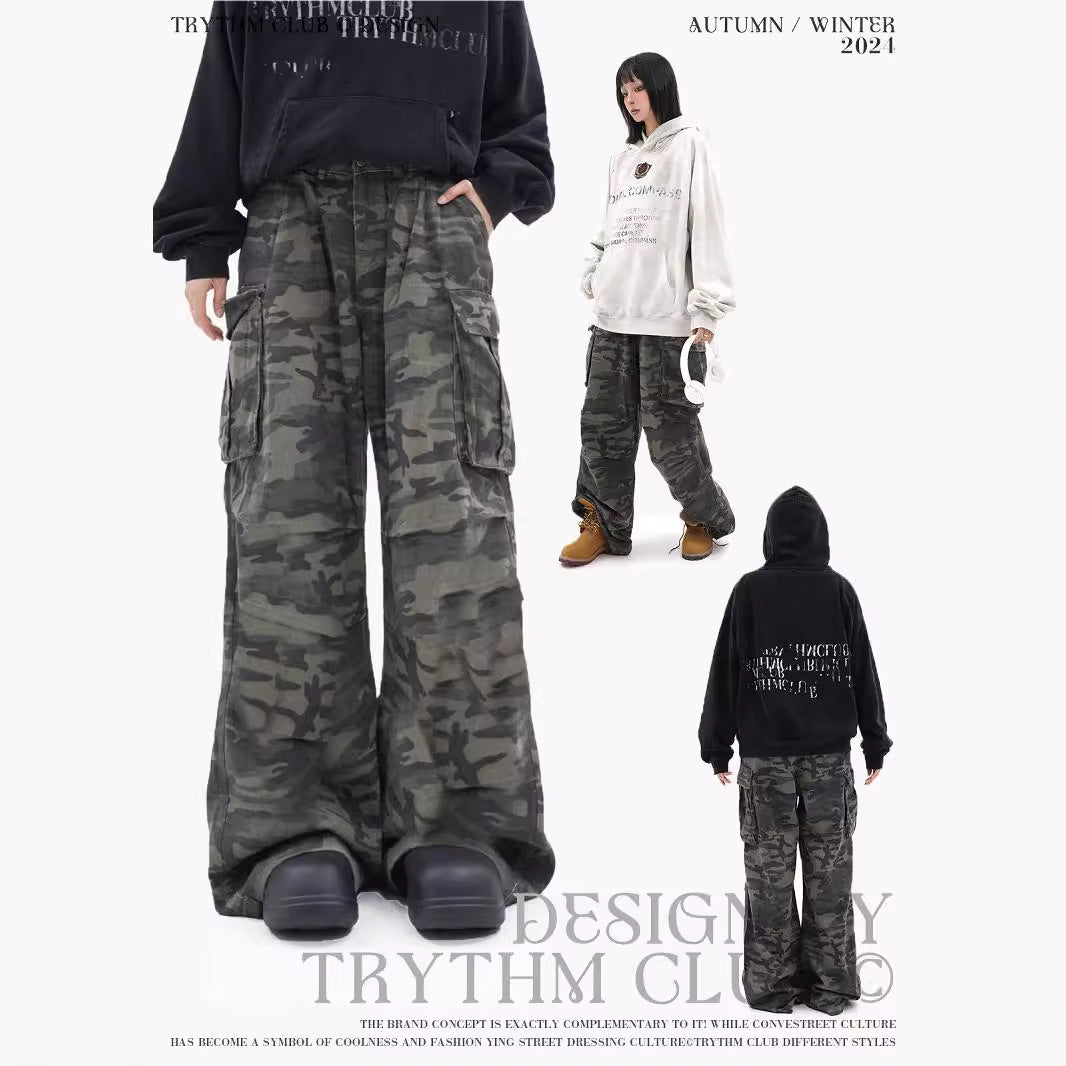 TRYTHMCLUB Vintage Camo Pocket Tooling Straight Loose Wide Leg Pants