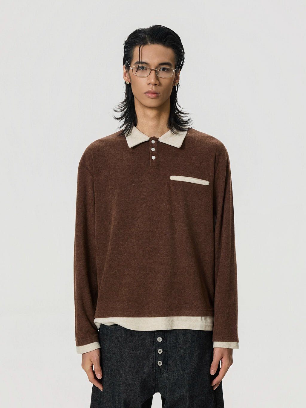 BTSG Splicing Contrasting Color Towel Fabric Fake Two-piece POLO Shirt