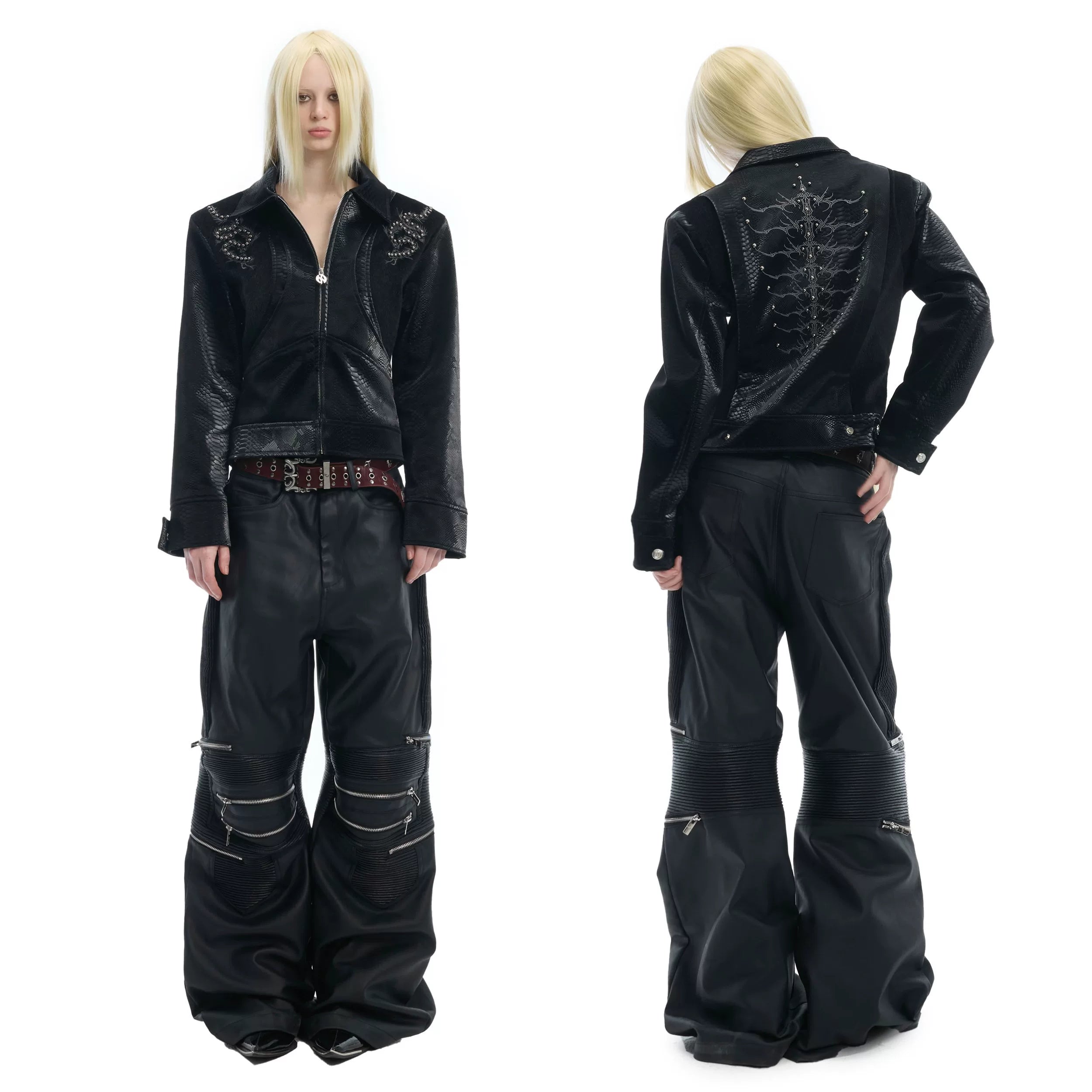 ArguECulturE Snakeskin Stitching Embroidered Slim-fit Leather Jacket