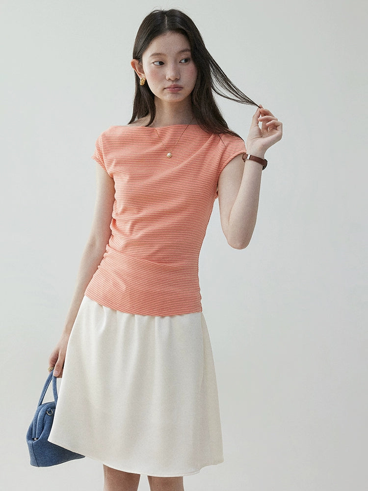 VOOE One-Neck Slash Shoulder Pleated Skinny Striped Tee