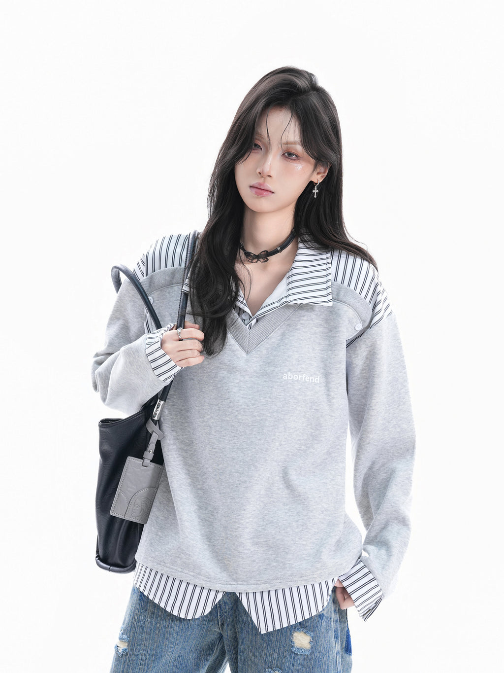 Zuocisankon College Style Fake Two-piece Splicing Sweater