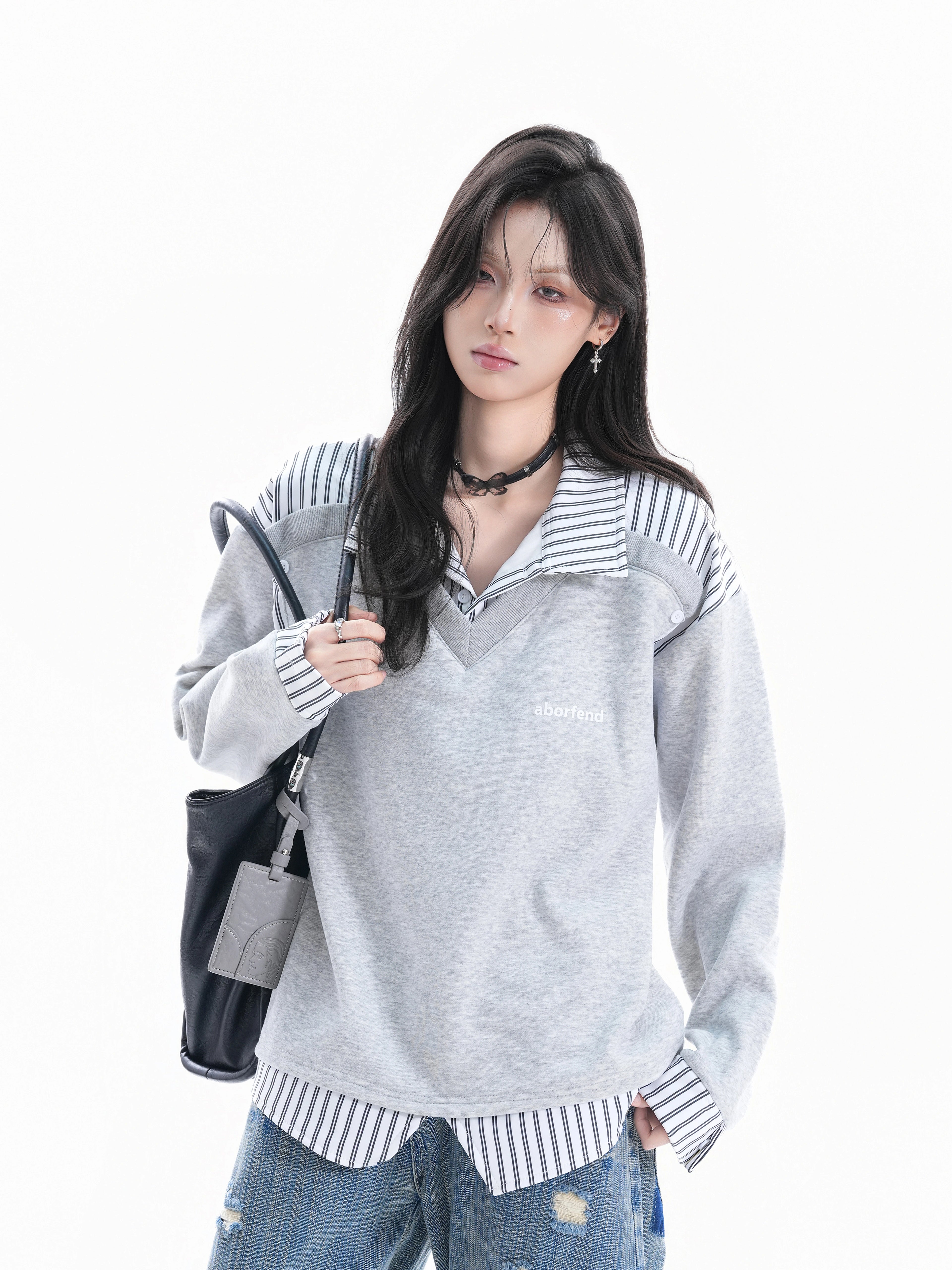 Zuocisankon College Style Fake Two-piece Splicing Sweater