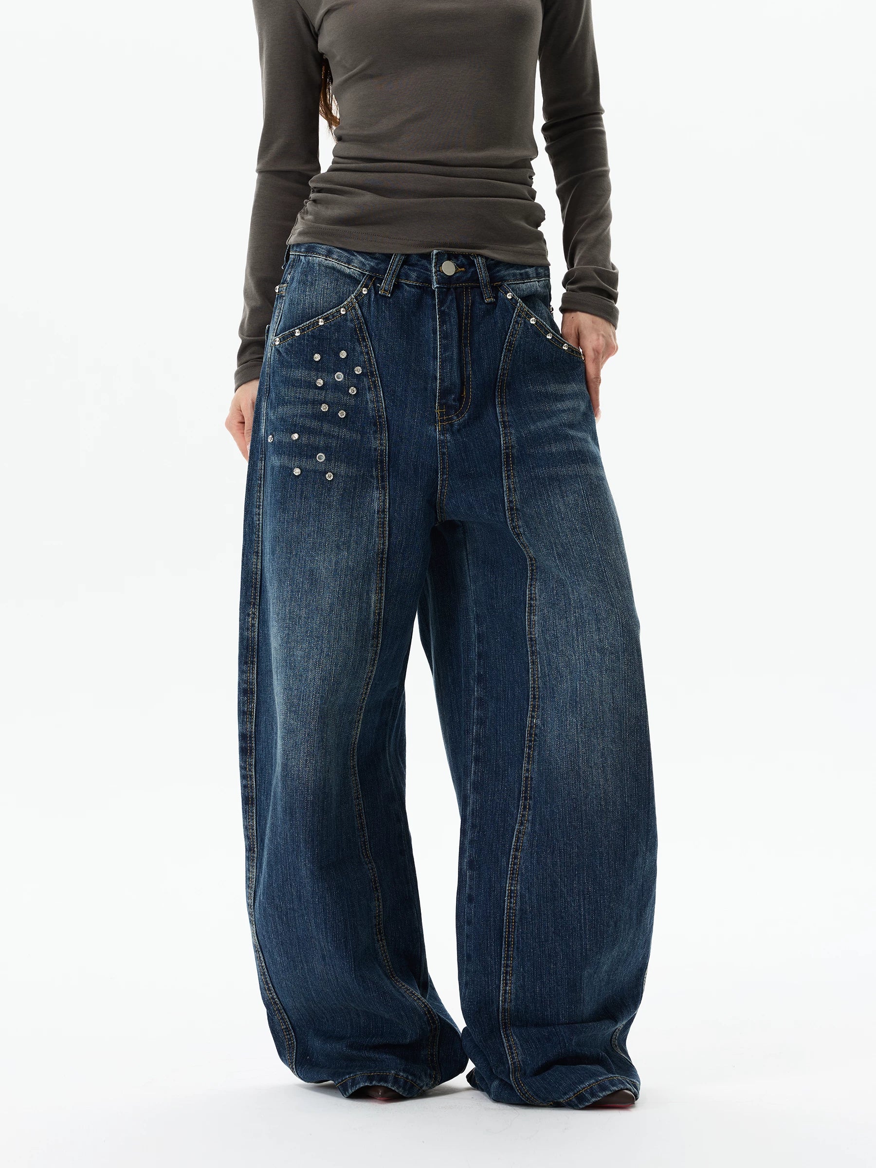 WLNEXT Vintage Wide Leg Loose Diamond Jeans