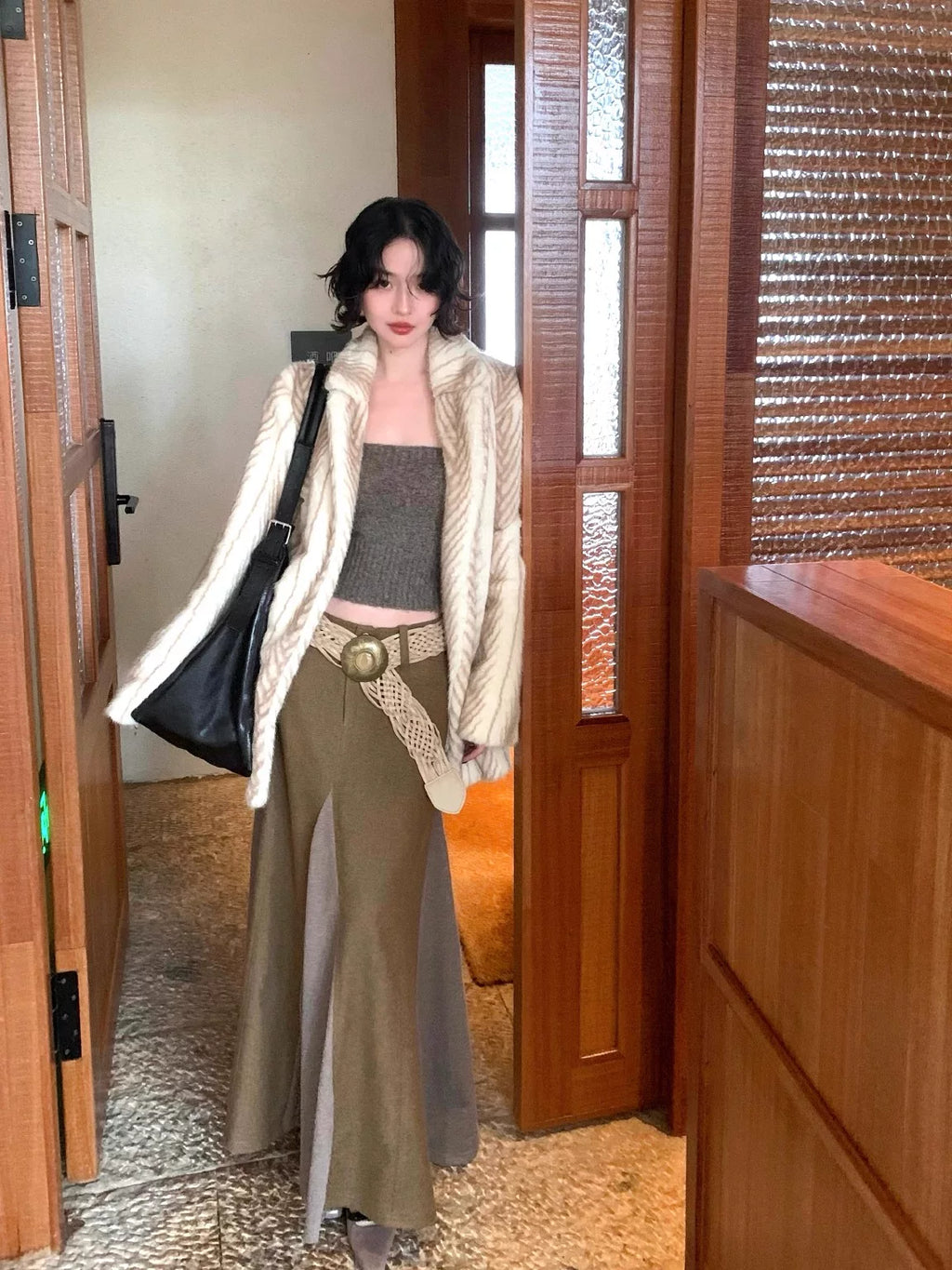 KELIFAN Hong Kong Style Retro Fur Jacket