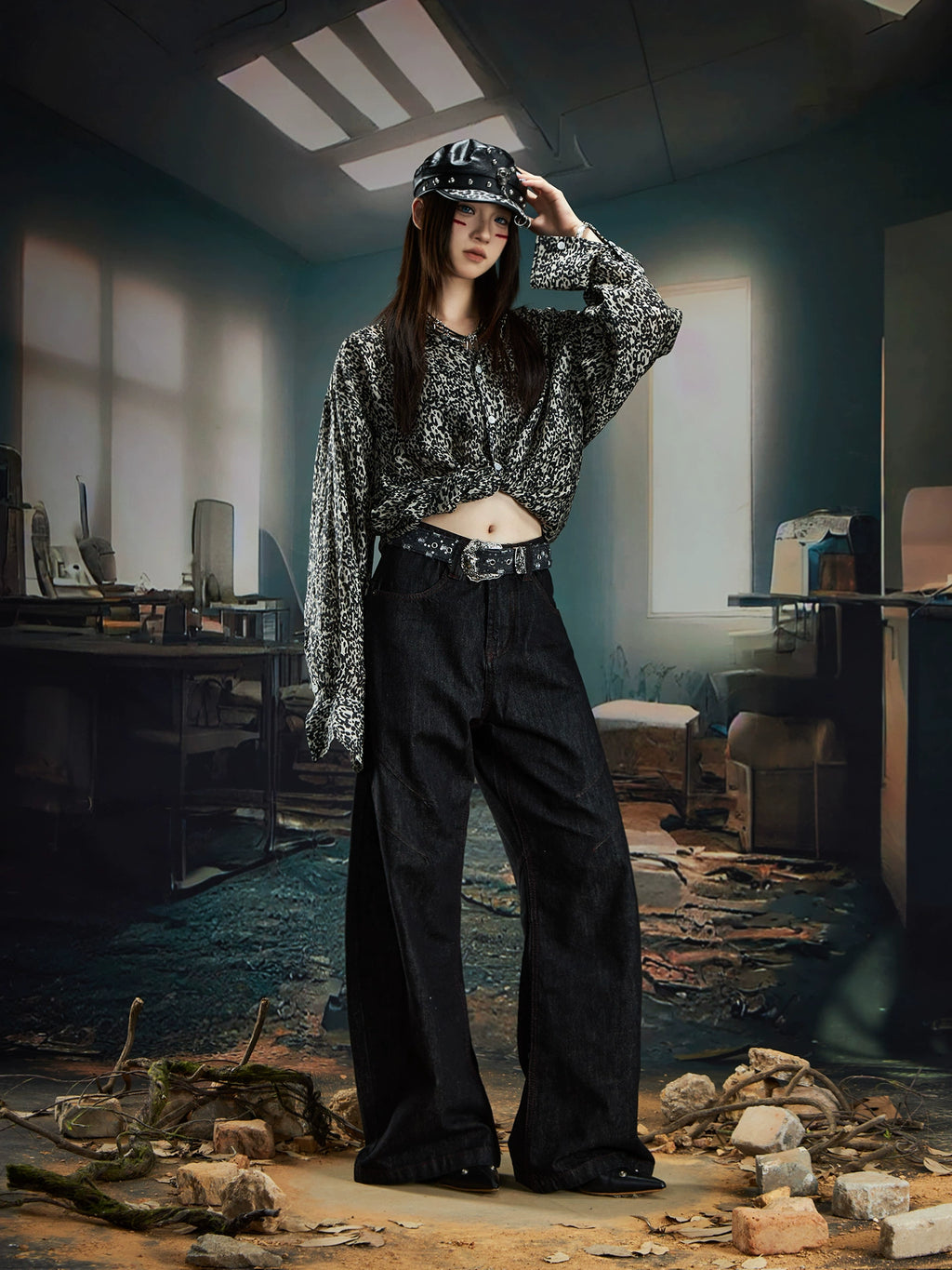 NOMANIAI Versatile Bright Line Loose Wide-leg Scimitar Jeans