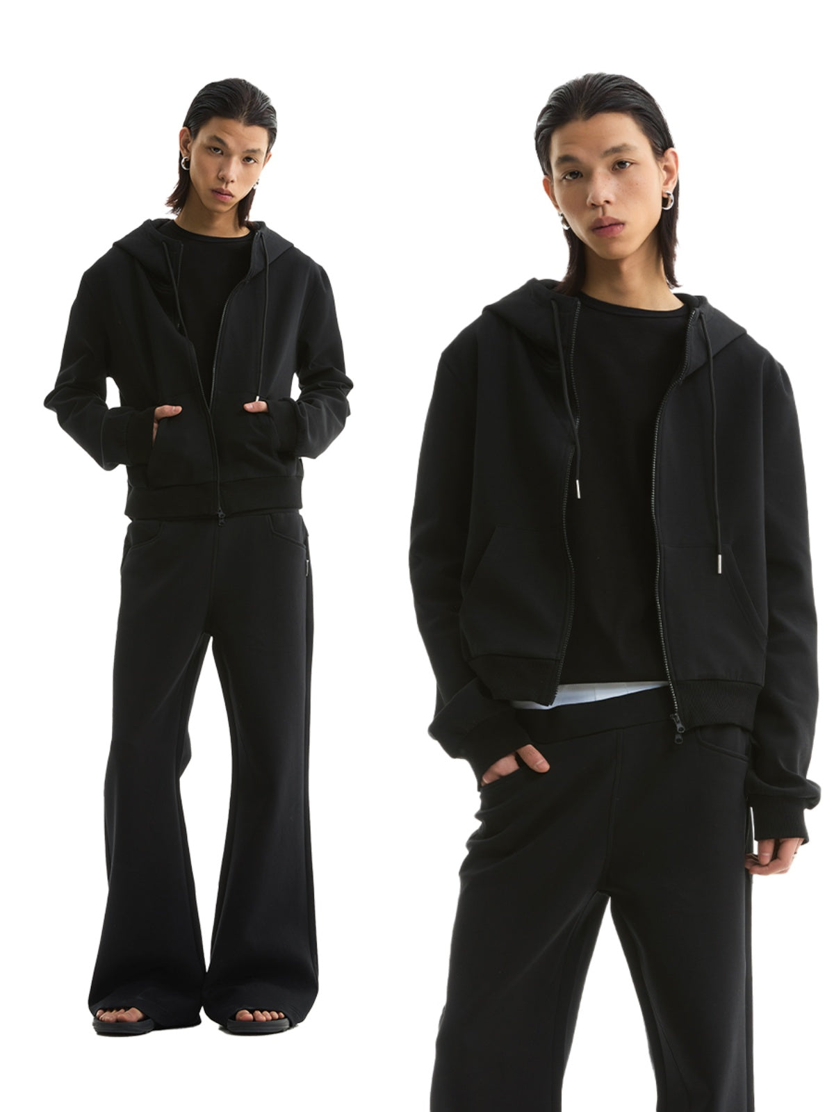 FUNKYFUN Double Zipper Stand-up Neck Hooded Short Cardigan