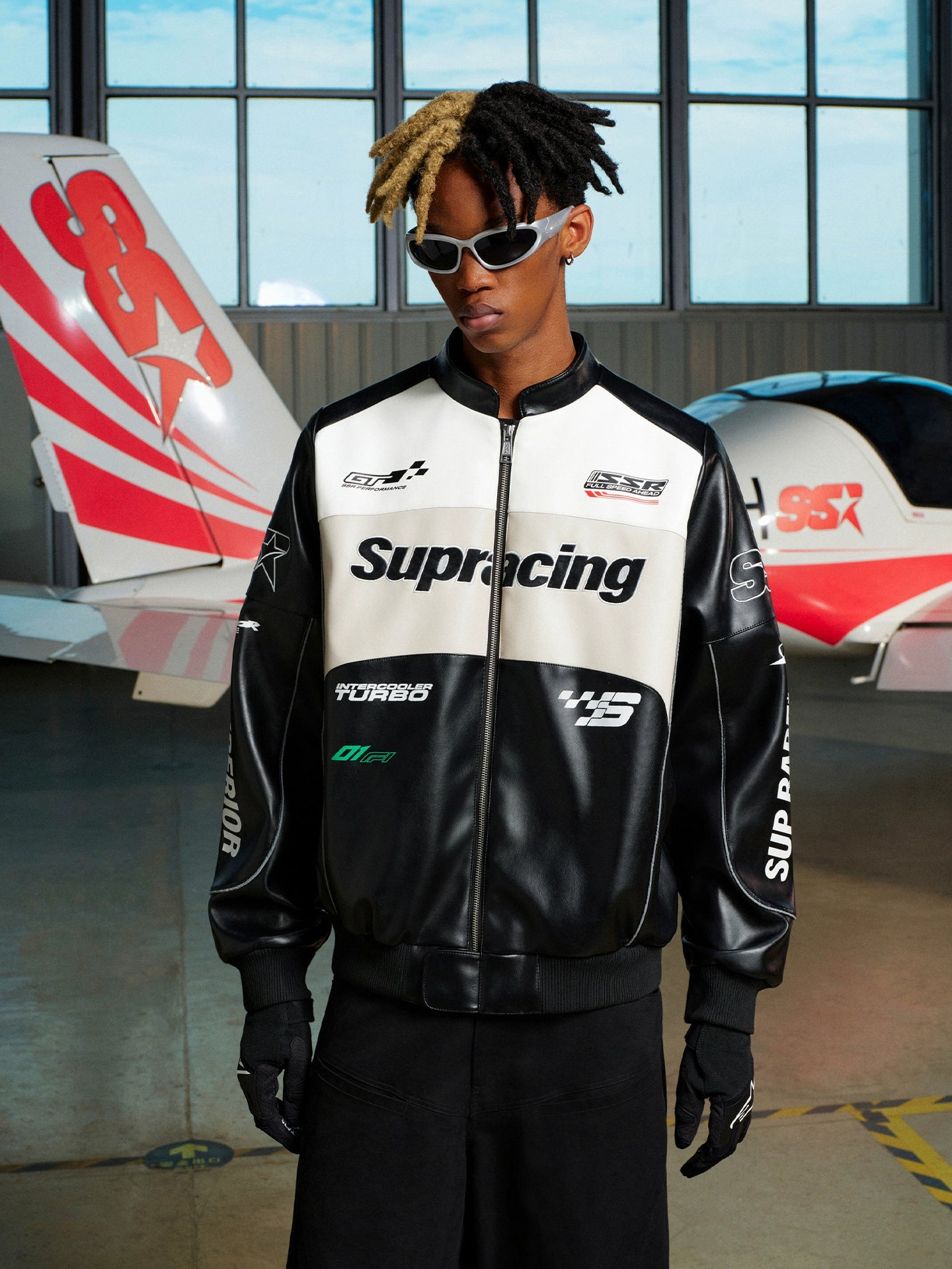 SSR Contrasting Splicing Pu Leather Racing Suit Stand-up Collar Jacket