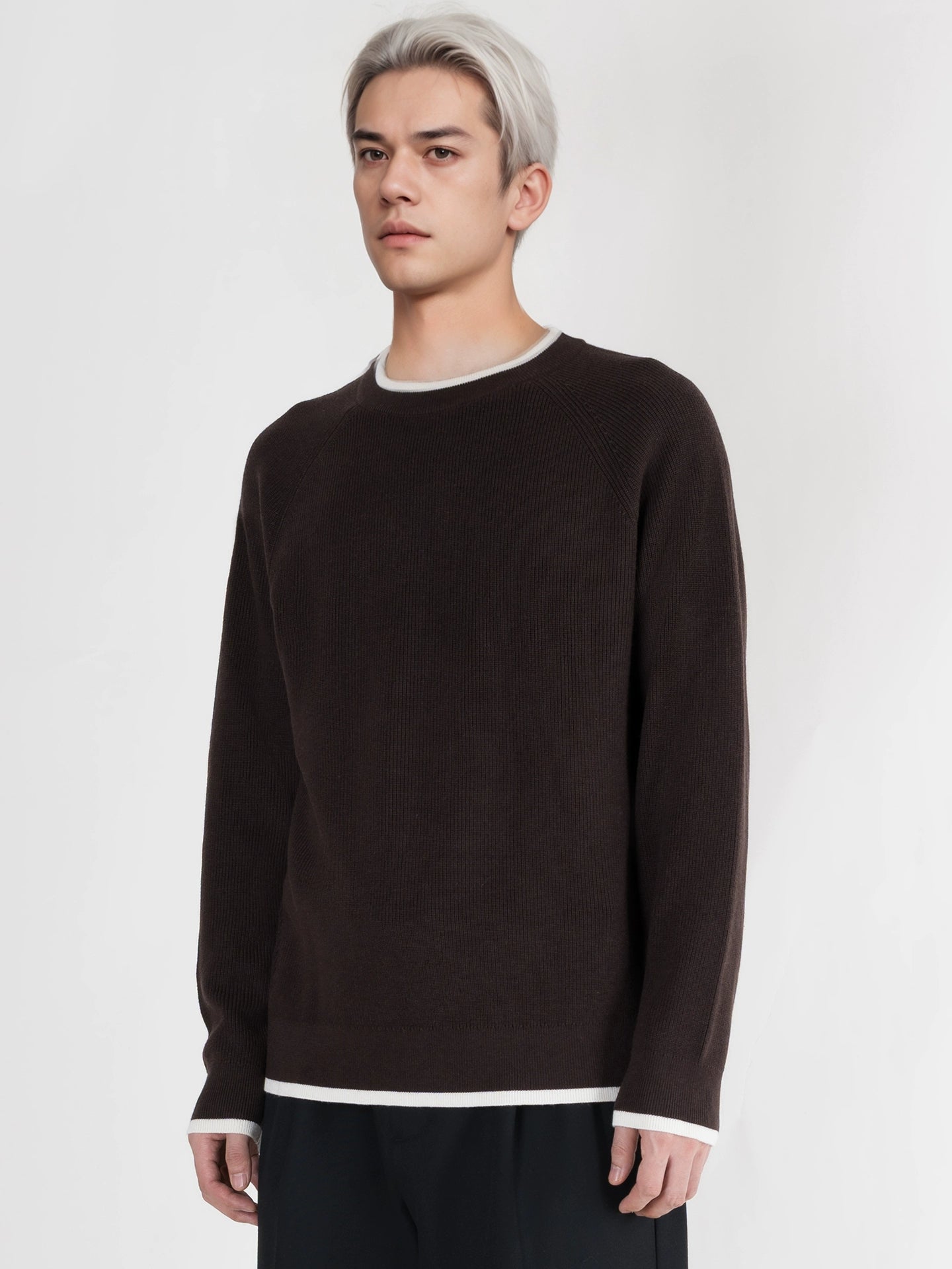 PERDU Shoulder Sleeves Contrasting Color Crew Neck Knitted Long-sleeved Sweater