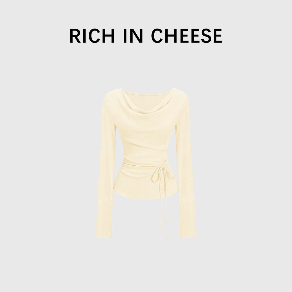 RICH IN CHEESE Pure Desire Swing Neck Knitted Waist Pleated Long Sleeves